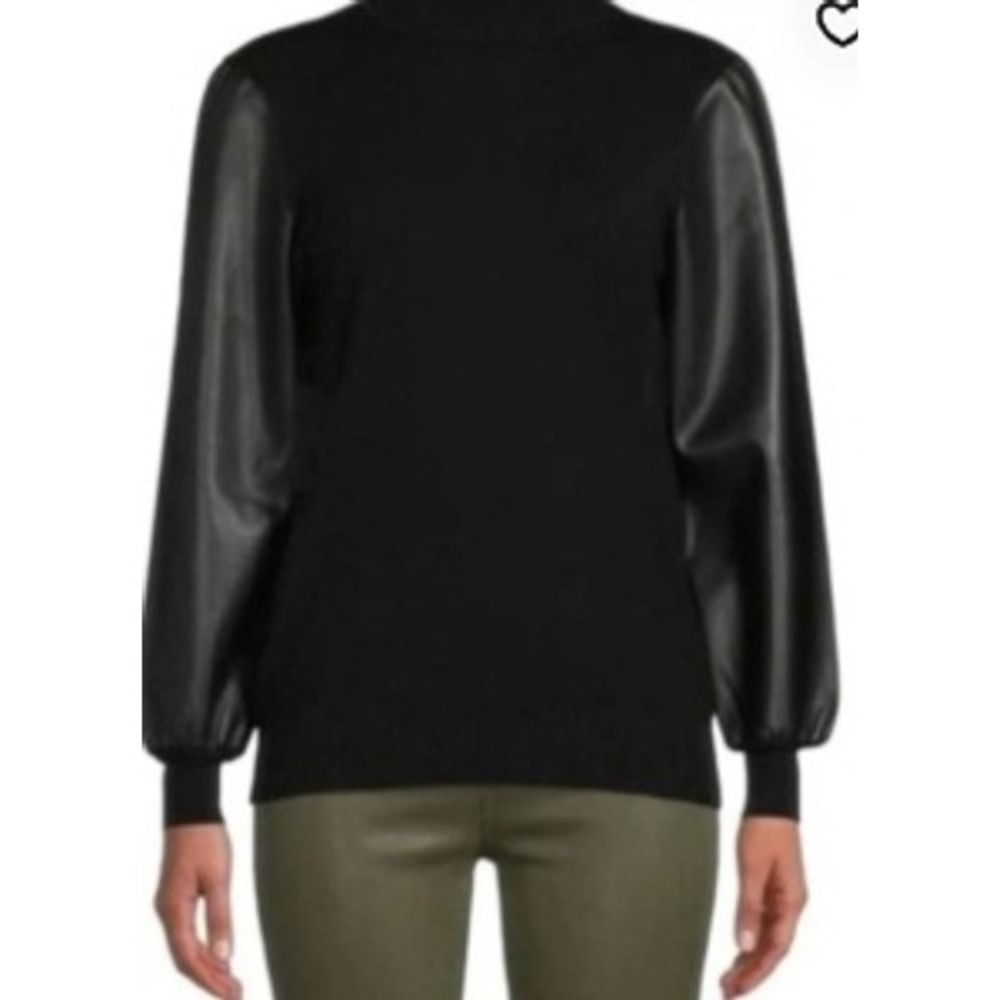 Siani Milano Black Faux Leather Puff Sleeve Mock Neck Knit Top Size M